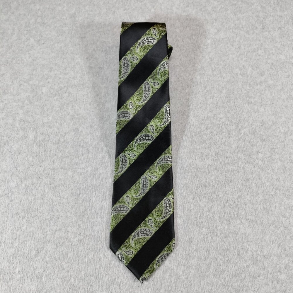 Ermenegildo Zegna Neck Tie Black Green Striped Paisley Jacquard Silk 62in